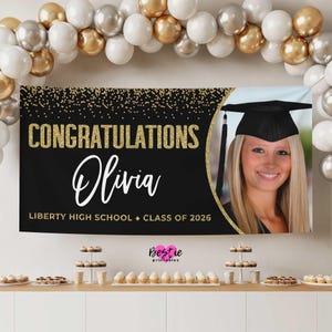 Bannière de remise des diplômes personnalisée, décoration de fête noir et or (bannière en vinyle ou téléchargement numérique)