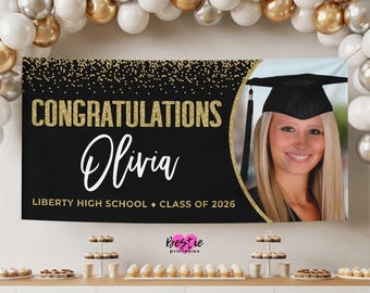 Personalized Graduation Banner, Black and Gold Party Decor (Vinyl Banner or Digital Download)