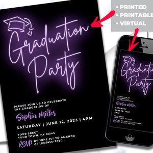 Graduation party invitation Purple neon light invitation for boy or girl Graduation invitation modern Phone invite or printed invitations