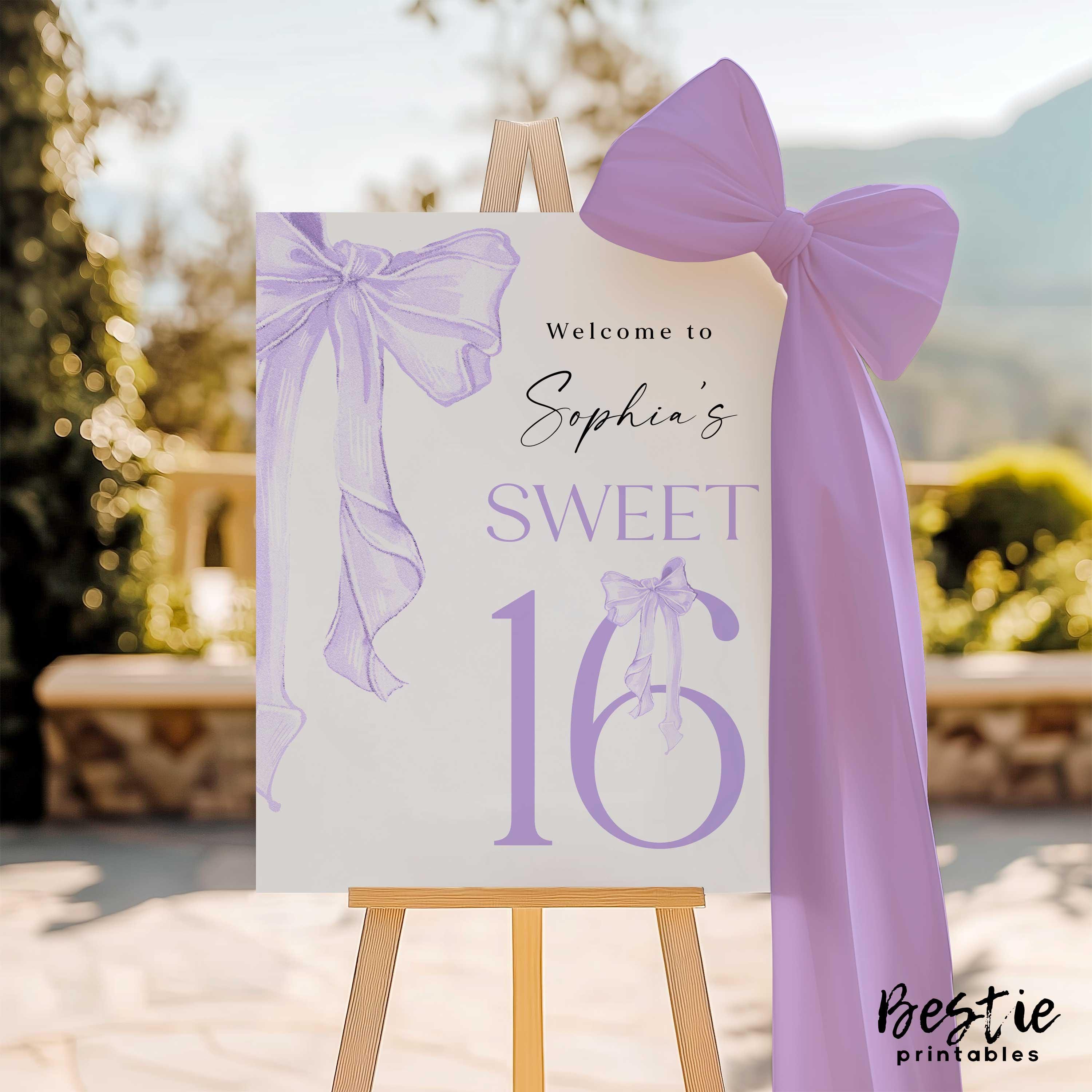 Lavender Purple Bow Sweet 16 Welcome Sign, Coquette Sweet Sixteen ...