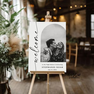 写真付きリハーサルディナーのウェルカムサイン、前夜のポスター、結婚式のリハーサル、結婚式の装飾、カップルシャワー、婚約