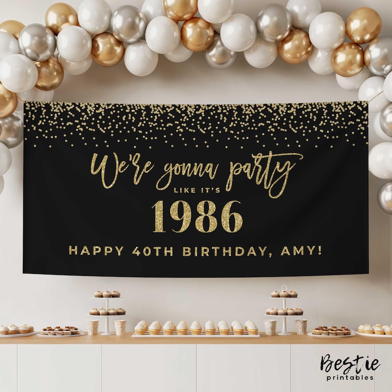 40th Birthday Sign Black and Gold, Backdrop Banner, Party Decorations ...