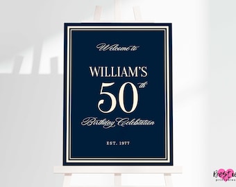 Elegant 50th Birthday Welcome Sign, Navy Blue and Ivory Old Money Party Decor, Foam Board