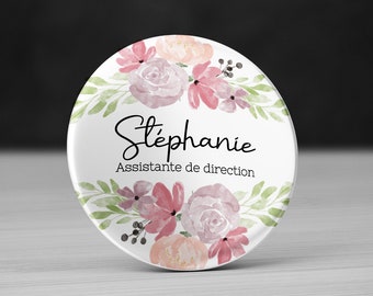 Badge personnalisé avec prénom Fleur aquarelle. Badge Métier personnalisé. Badge infirmière. Badge mariage aquarelle. Badge pour baptême.