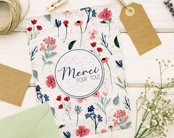 Carte à planter Merci pour tout. Carte merci fleurs sauvages. Merci de m'aider à grandir. Papier à planter, papier ensemencé, papier fleur.