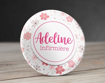 Badge personnalisé avec prénom Fleurs pastel, Badge Métier personnalisé. Badge infirmière. Badge aide soignante