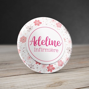 Personalized Nurse Pinback Button 58 mm with name light pink Flower pattern design - Nurse pinback button - Custom Button - Nurse badge