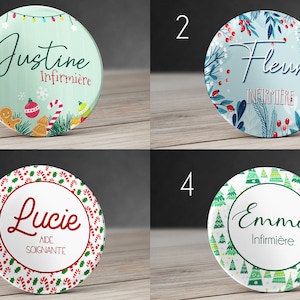 Insignia navideña personalizada con nombre. Chapa navideña personalizada. Insignia de enfermera navideña. Insignia de negocio de decoración de invierno. Patrón de insignia de su elección.