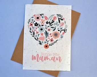 Carte à planter Bonne Fête Maman Coeur Fleuri. Carte ensemencée Fête des mères. Carte Bonne fête Maman. Papier à planter, papier ensemencé