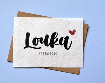 Personalized birth with first name planting card. Seeded card Birth. Share birth to plant. seeded paper