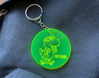 Custom Acrylic Keyring with Dinosaur - Neon acrylic and dinosaur Engraved key ring. Engraved Custom wood keyring