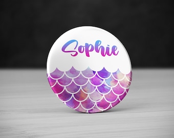 Customizable mermaid badge with name. Birthday badge. Wedding badge. Personalized badge, mirror, or magnet.