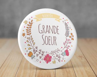Big Sister to be Flower wreath Pinback Button 58 mm - Custom mirror or magnet for birth - Custom Name Pinback Button - Flower wreath