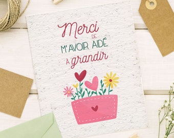 Carte à planter Merci maitresse. Carte Merci de m'aider à grandir. Papier à planter, papier ensemencé, papier fleur.