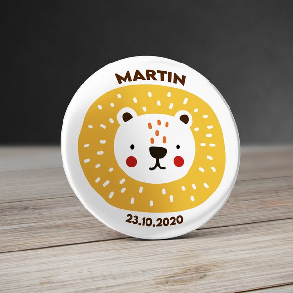 Badge Lion personnalisé, Badge Lion avec prénom, Miroir grand frère, Miroir baptême, Aimant ours, badge 58/44 mm