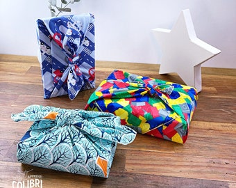 LOT de FUROSHIKI : l'emballage CADEAU en tissu réutilisable, Alternative au papier cadeau en tissus pour Noël