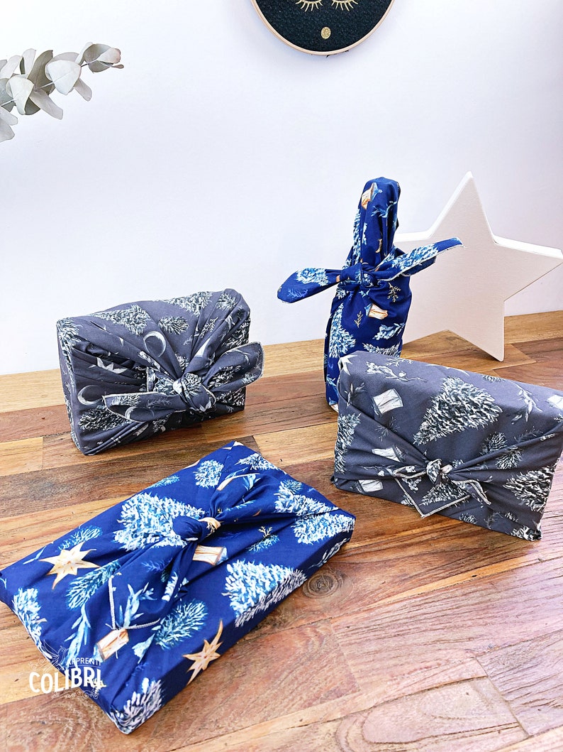 LOT de FUROSHIKI : l'emballage CADEAU en tissu réutilisable, Alternative au papier cadeau en tissus pour Noël image 2