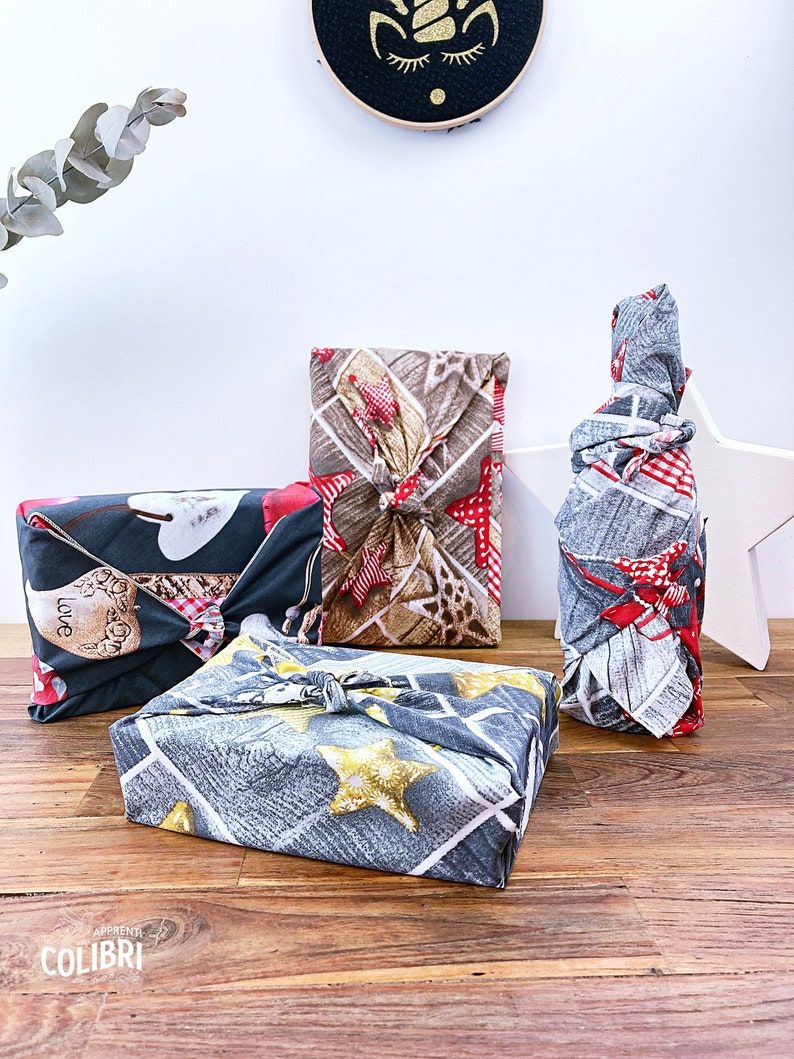 LOT de FUROSHIKI : l'emballage CADEAU en tissu réutilisable, Alternative au papier cadeau en tissus pour Noël image 5