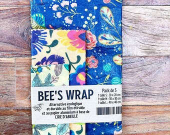 Bee's Wrap LOT de 3 - Film Alimentaire écologique réutilisable à base de Cire d'abeilles Françaises - Beewrap carré 20, 30 et 40 cm beeswrap