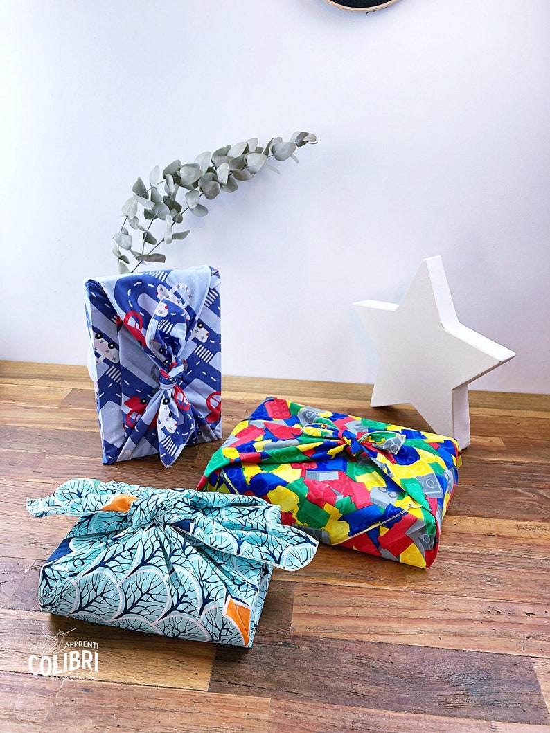 LOT de FUROSHIKI : l'emballage CADEAU en tissu réutilisable, Alternative au papier cadeau en tissus pour Noël image 1