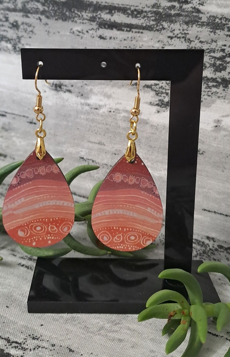 Aboriginal designed sublimation earrings tear drop mauve apricot/peach image 2