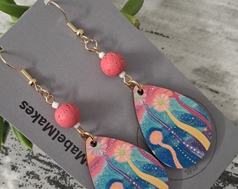 Aboriginal designed sublimation earrings  teardrop bright happy with pink bead