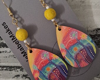 Aboriginal designed sublimation earrings  teardrop bright happy with yellow bead