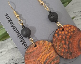 Aboriginal designed sublimation earrings  earthy brown ochre orange dot artwork round lava bead