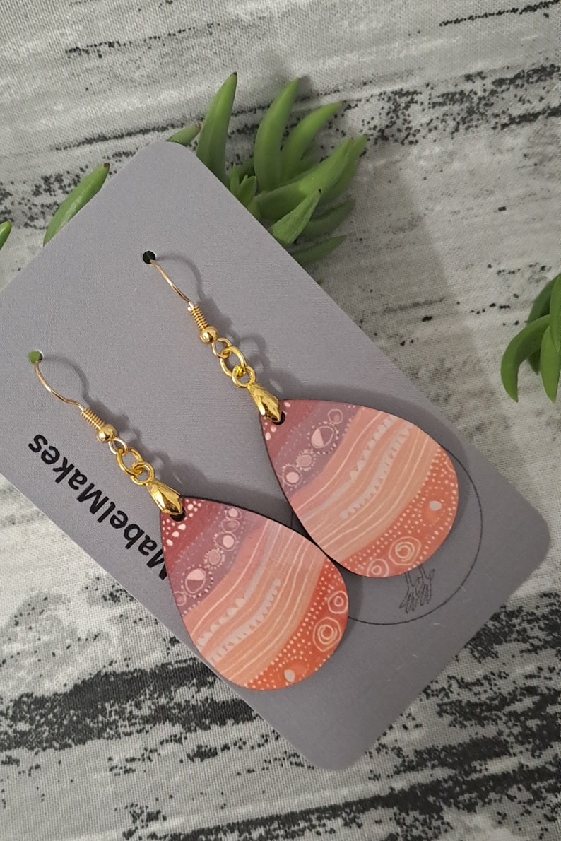 Aboriginal designed sublimation earrings tear drop mauve apricot/peach image 1