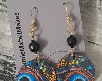 Aboriginal art designed sublimation earrings blue yellow  circle round