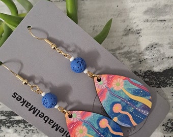 Aboriginal designed sublimation earrings  teardrop bright happy with blue bead