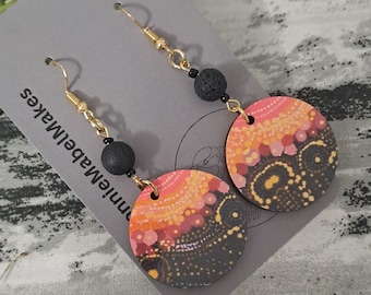 Aboriginal art designed earrings pink black circle round
