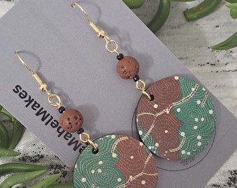Aboriginal designed sublimation earrings  earthy brown and green with brown lava bead