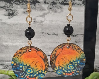 Aboriginal art designed sublimation earrings blue yellow round