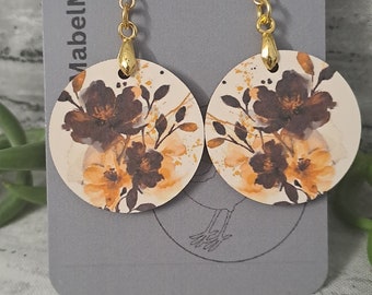 Earrings round modern watercolour black flowers