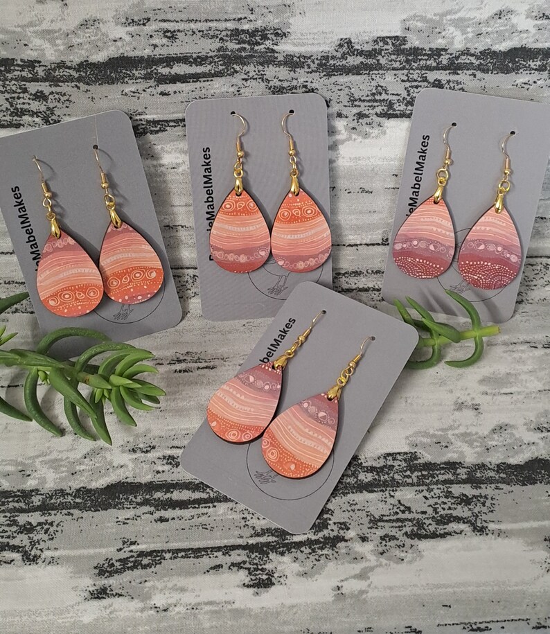 Aboriginal designed sublimation earrings tear drop mauve apricot/peach image 3