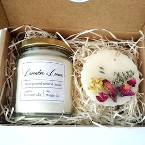 Lindo juego de regalo con vela de soja perfumada y bolsita de cera natural, caja de regalo para nueva mamá, canasta de regalo de cumpleaños para mejor amiga, regalo vegano
