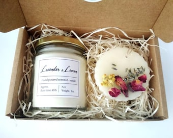 Cute gift set with scented soy candle and natural wax sachet, New mom gift box, Birthday gift basket for best friend, Vegan present