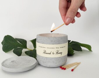 Handmade honey and almond soy candle in concrete jar - Natural aromatherapy aroma, Buy 2, Save 20%
