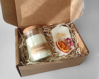 Serenity Gift Set – Soy Candle & Botanical Wax Freshener – Handmade Relaxing Gift – Rustic Home Fragrance – Natural gift set candle