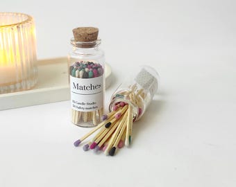 Colorful matches in glass bottle, 50 matches for candles, Minimalist home decor, Cute housewarming gift
