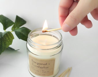 Eco-Friendly Bergamot Eucalyptus Candle, Hand Poured Vegan Soy Wax Candle, Eco friendly gift