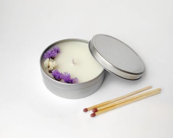 Eucalyptus & Bergamot Candle – Relaxing Soy Candle with Dried Flowers – Aromatherapy Gift – Calming Tin Candle