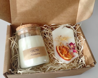 Gift Set with Soy Candle and Wax Tablet – Fresh Scents – Handmade Rustic Scented Set - Calm vegan candle
