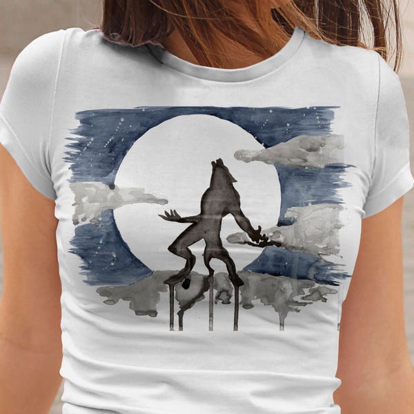 Watercolour Werewolf T-Shirt, Howling Wolf Tshirt, Womens Halloween Tee, Ladies Lycanthrope Top, Gifts For Her, Horror Movie, Full Moon Idea