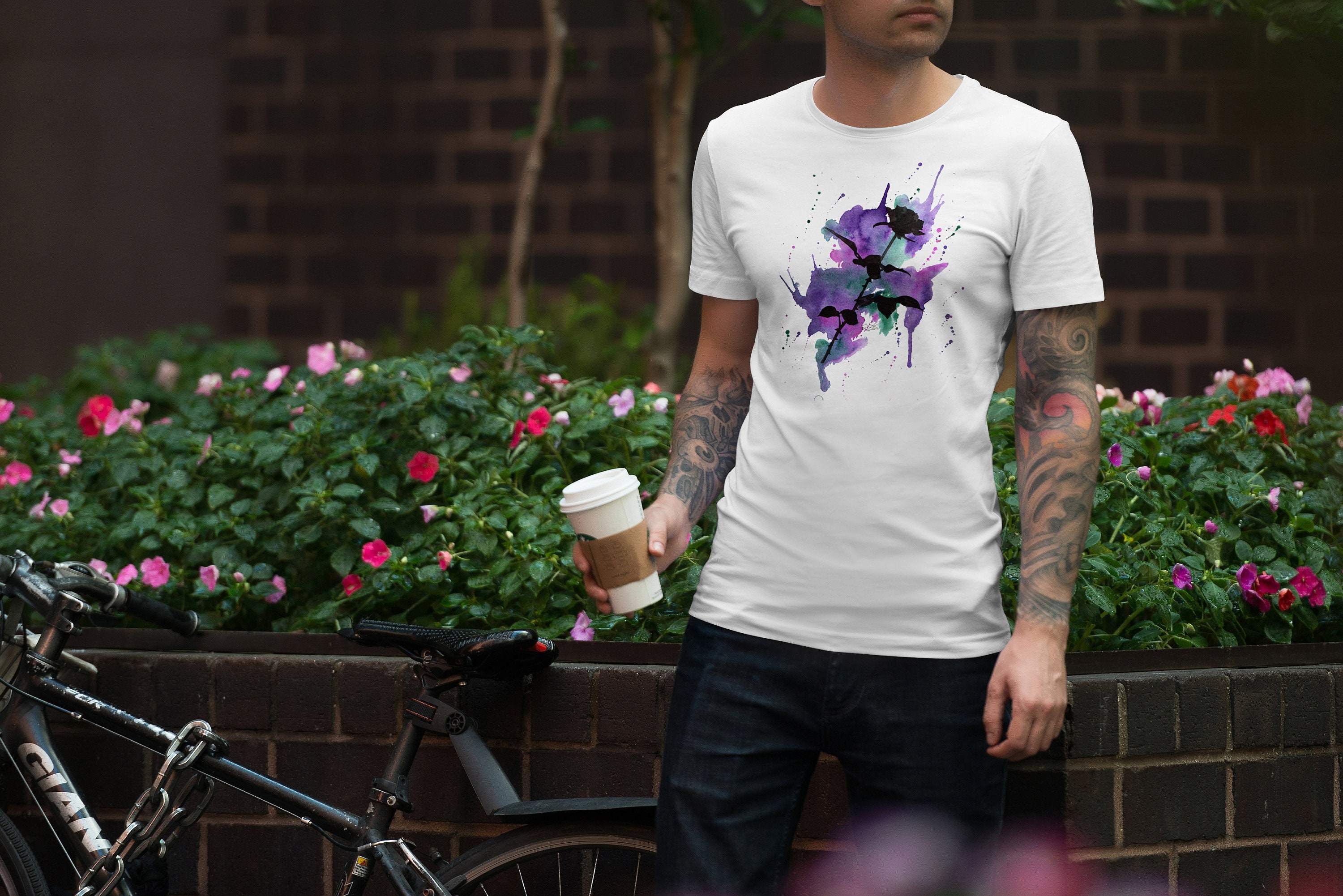 Image of Mens Purple Rose T-Shirt, Gardening Flower Floral Tee Top Shirt Gift