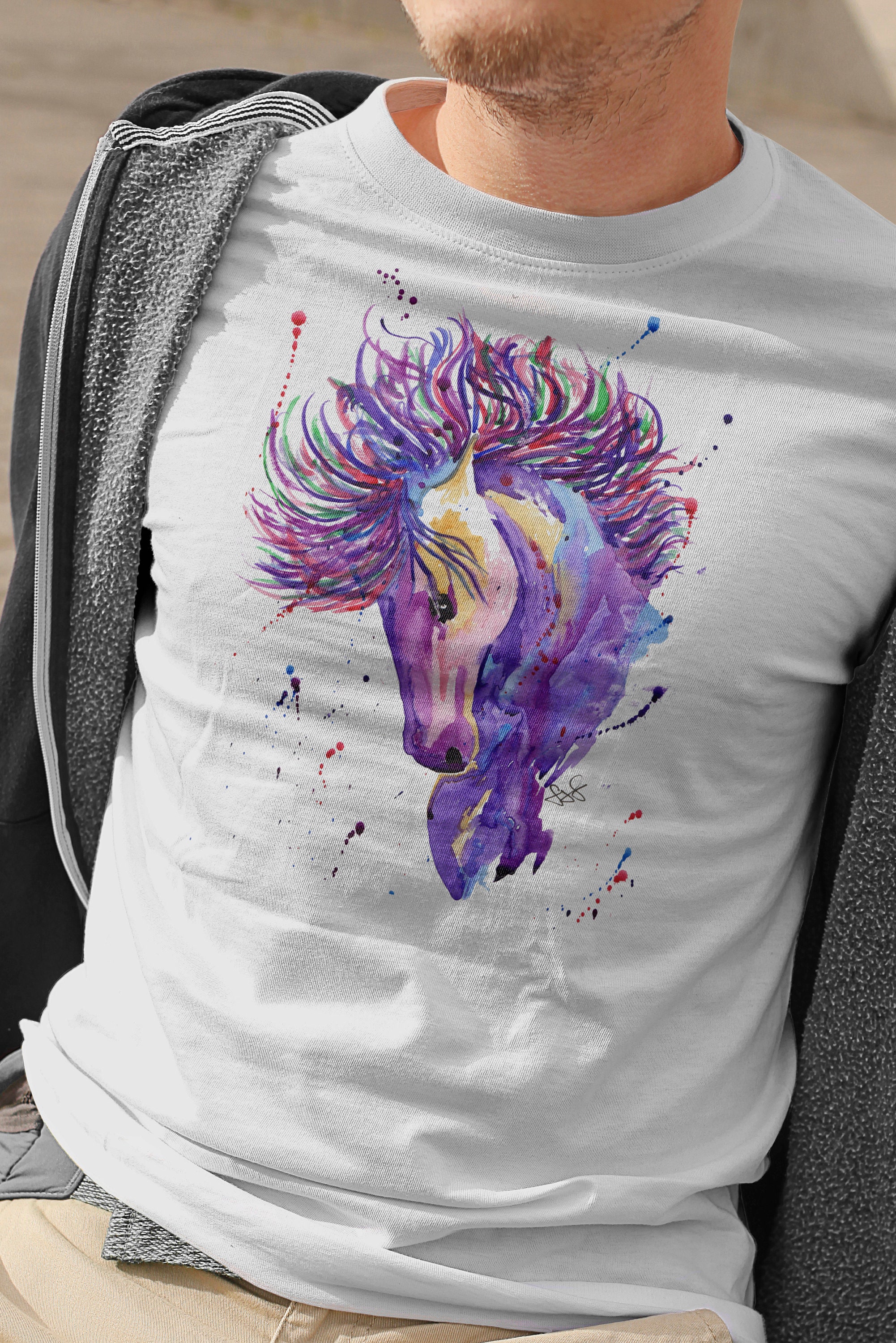 Image of Mens Horse T-Shirt, Purple Pony Tee, Lilac Unicorn Shirt, Lover Gift, Husband Birthday Boyfriend Brother Uncle Top, Man Gifts