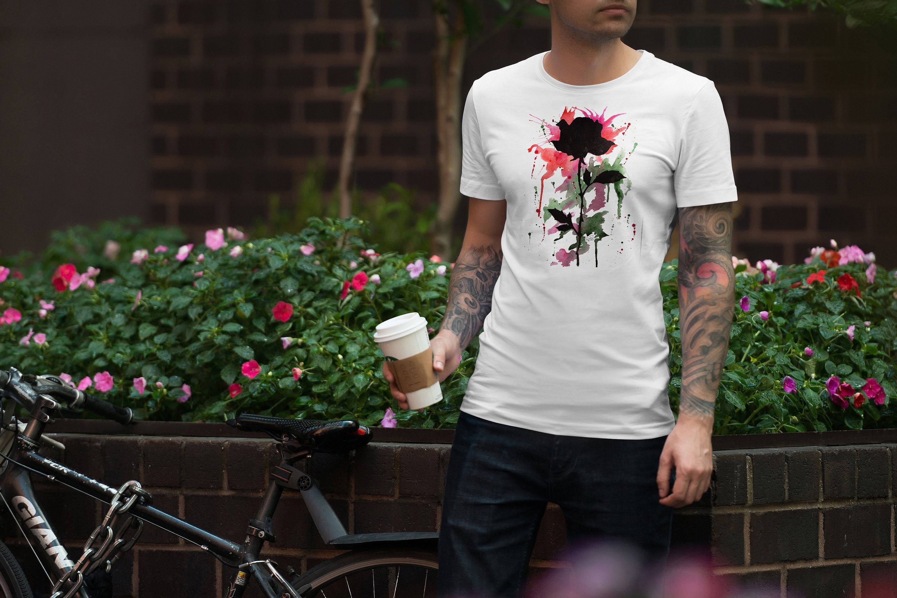 Image of Mens Rose T-Shirt, Flower Floral Gardening Tee Top Shirt Gift