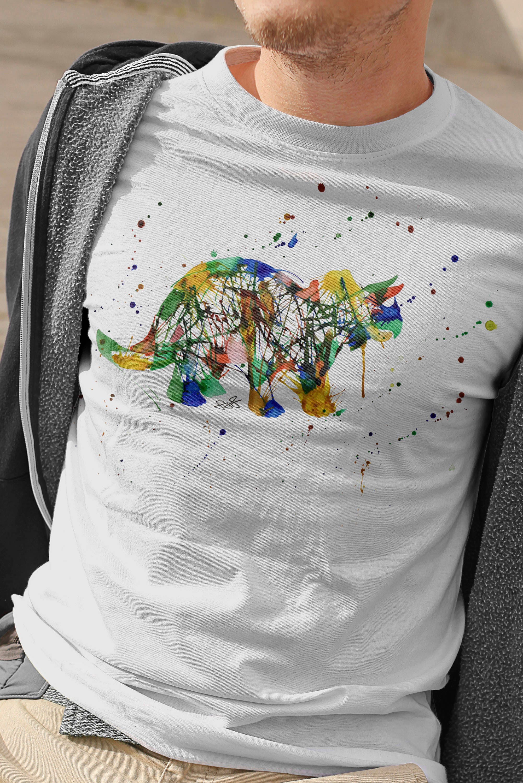Image of Rainbow Triceratops T-Shirt, Abstract Tricera Tshirt, Watercolour Dino Shirt, Gifts For Him, Dinosaur Lover Present, Painted Tee