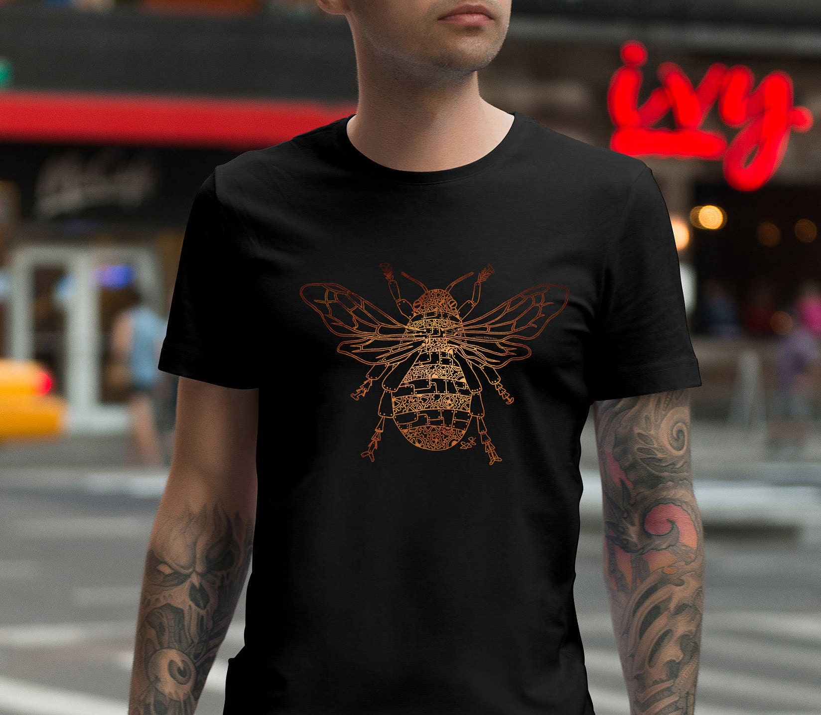 Image of Mens Bumblebee T-Shirt, Steampunk Bee Tee, Machine Bug Shirt, Lover Gift, Husband Birthday Boyfriend Brother Uncle Top